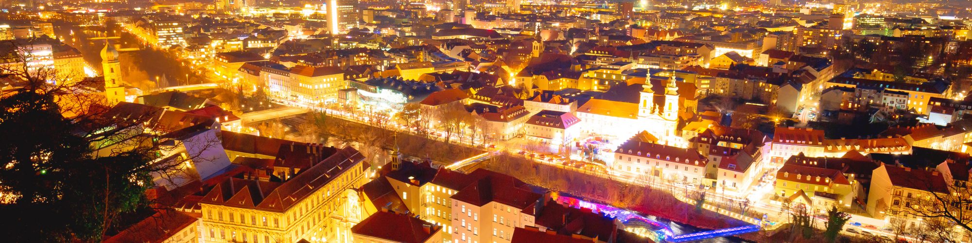 Graz cityscape evening colorful aerial view, Styria region of Austria